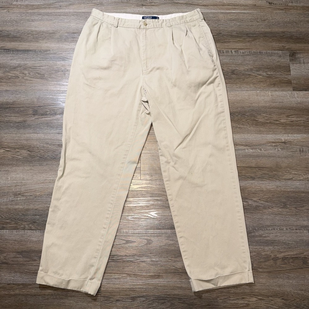 VTG Polo Ralph Lauren Hammond Pants Mens 38W x 32W Pleated Cuffed Chino Beige